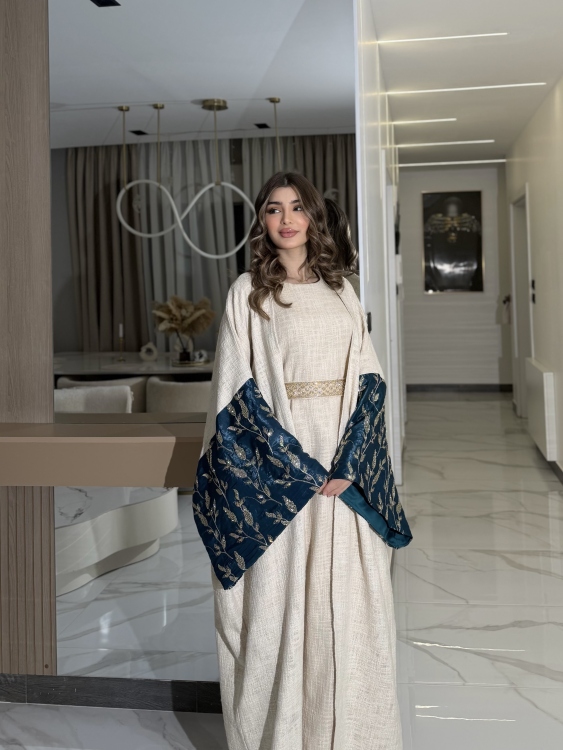 Long Sleeve Dress With Abaya جلابية ماسة  لون تركواز