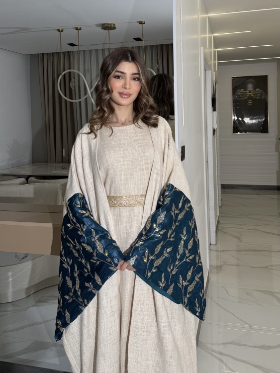 Long Sleeve Dress With Abaya جلابية ماسة  لون تركواز