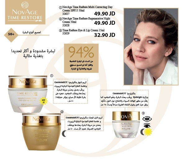 15 ml NOVAGE Time Restore Eye & Lip Cream  50 ml-- NOVAGE Time Restore Regenerative Night Cream--50 ml NOVAGE Time Restore Multi Correcting Day    32629 - 32628 - 44098