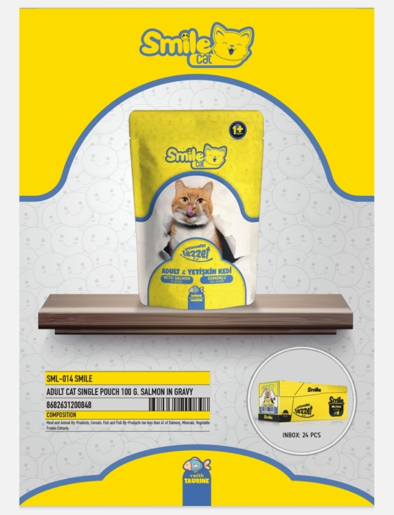 Smile wet food pouch 100g Salmon in gravy سعر الحبة 50 قرش  الصندوق يحتوي على 24 حبه