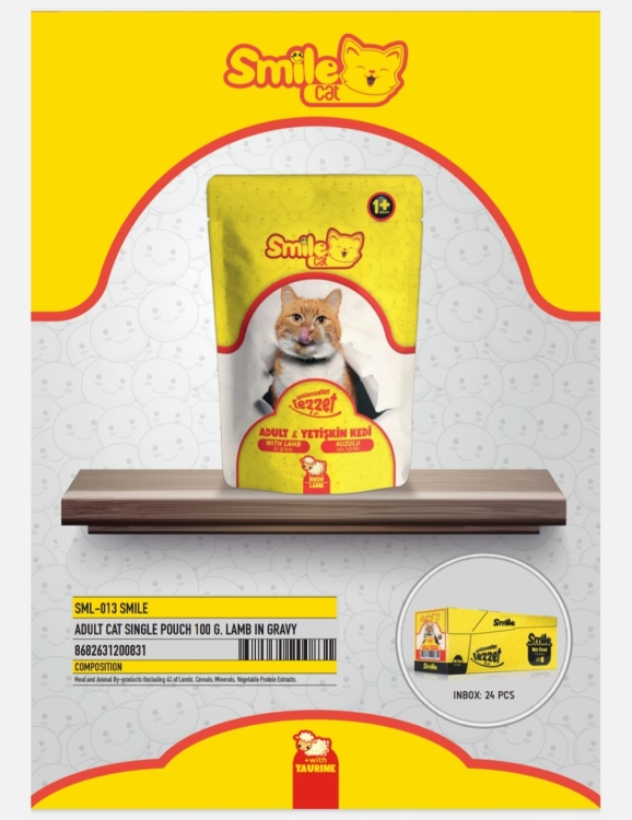 Smile wet food pouch 100g lamb in gravy سعر الحبه 50 قرش  الصندوق يحتوي على 24 حبه