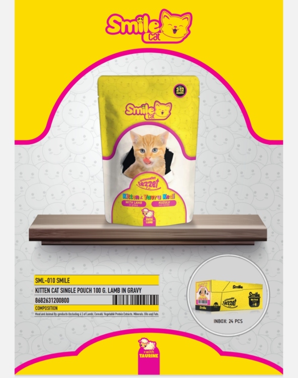 Smile wet food pouch 100g  kitten lamb in gravy سعر الحبه 50 قرش  الصندوق يحتوي على 24 حبه
