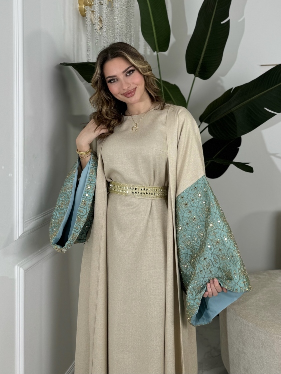 Long Sleeve Dress With Abaya جلابية ماسة (تركواز)