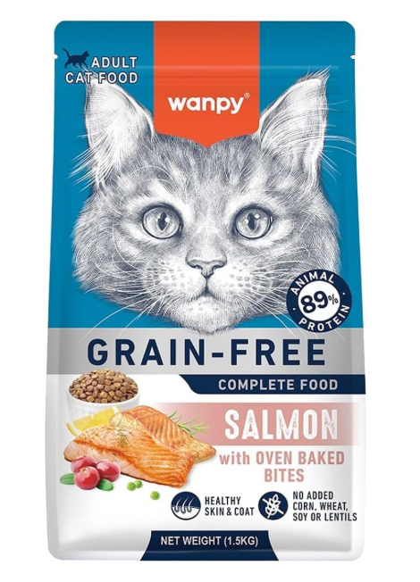 طعام كامل خالي من الحبوب للقطط البالغة من وانبي - وصفة سمك السلمون 1.5 كجم