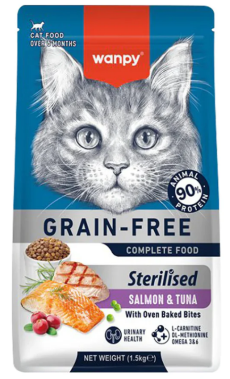 وانبي - طعام قطط بالغة معقم بنكهة السلمون والتونة، خالٍ من الحبوب، للتحكم في الوزن، ودعم صحة المسالك البولية - 1.5 كجم