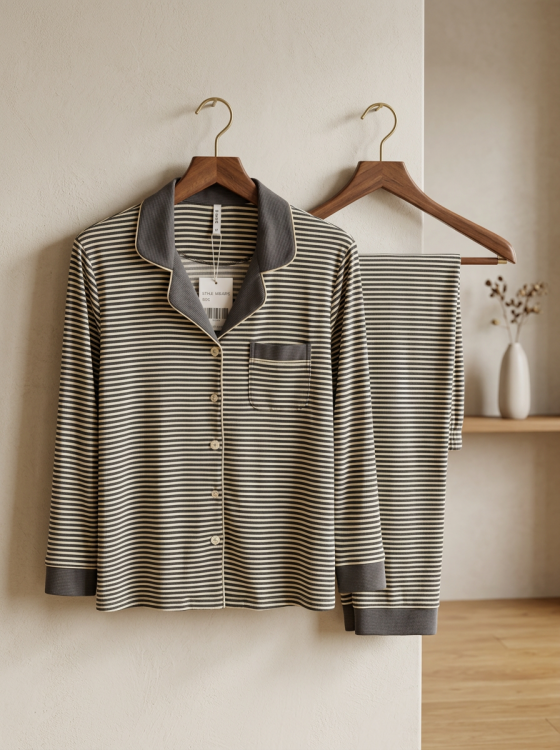 بيجامه قطعتين محزز ميلك سيلك 2075