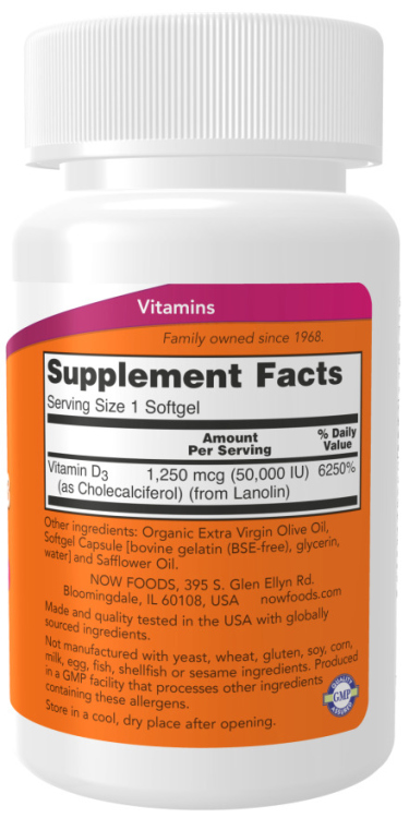 NOW, Vitamin D-3 50,000 IU Softgels 
