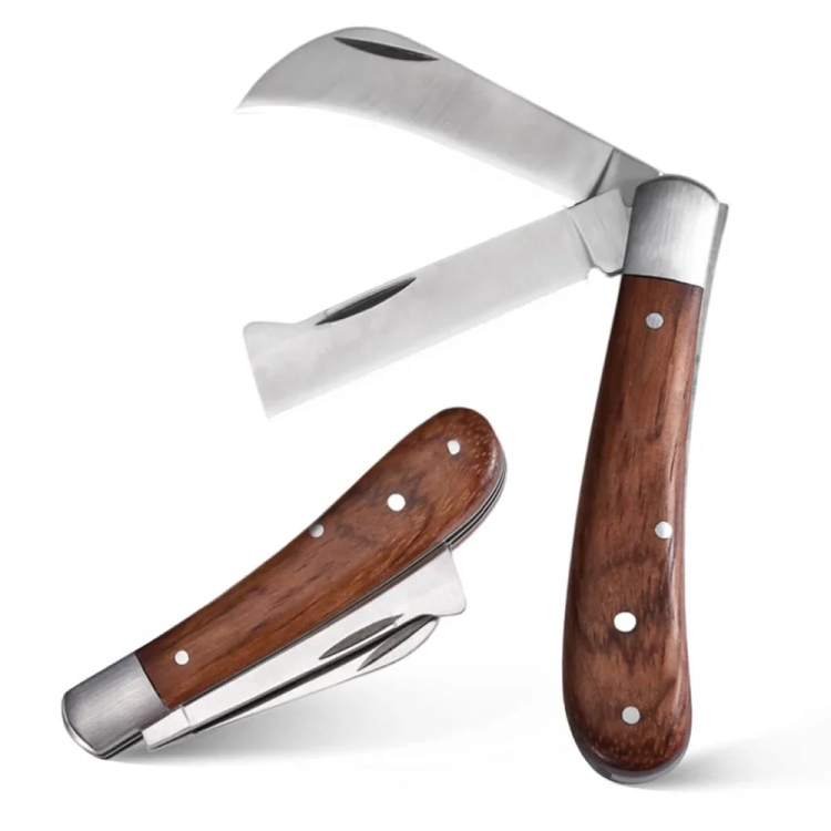 سكين تطعيم زراعي مزدوج بمقبض خشبي