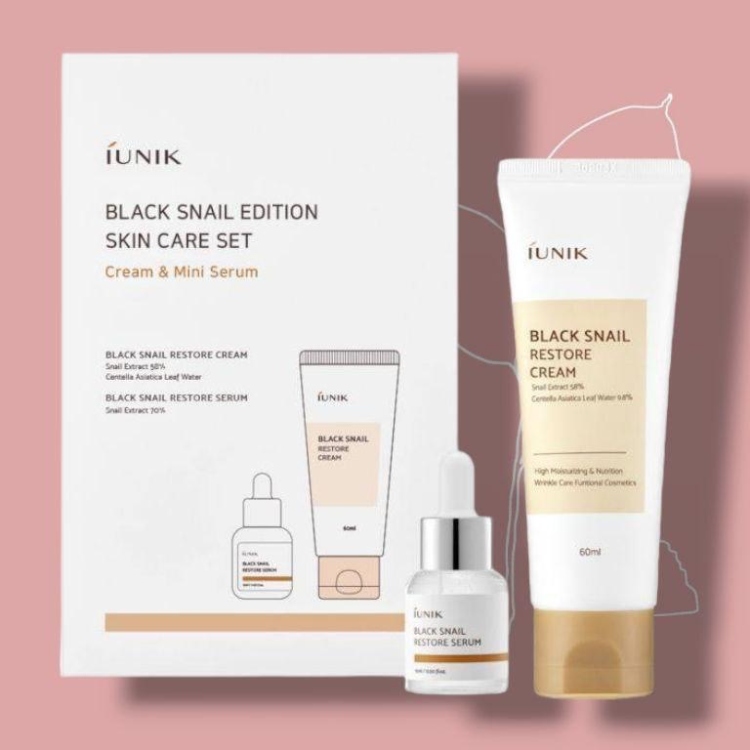 IUNIK black snail restore cream كريم الحلزون الاسود مع سيروم الحلزون مجانًا 