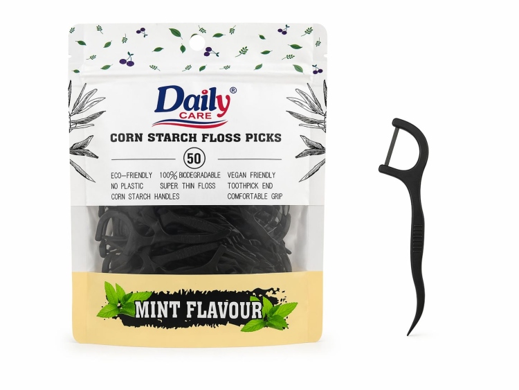 نكاشات أسنان مع خيط بالنعناع  لون أسود 50 حبة نوع ممتاز 