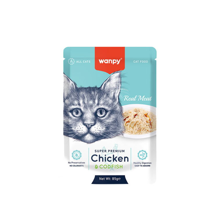 وانبي طعام رطب للقطط بنكهة الدجاج وسمك القد