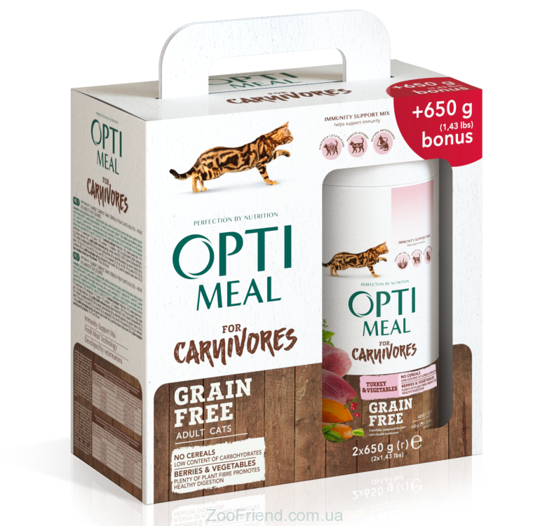Opti meal Grain Free Dry For Adult Cats Turkey&Veggies (650+650)1.3kg