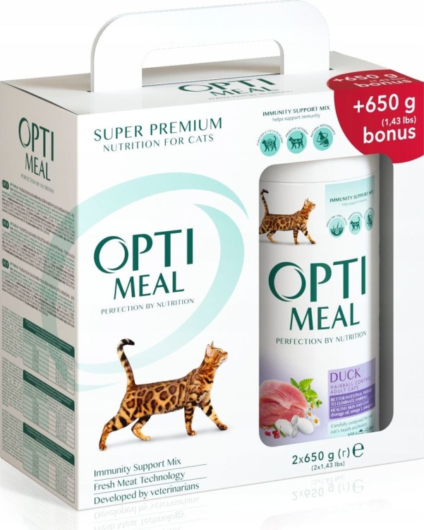 Opti meal Dry For Adult Cats Hairball Control Duck(650+650)1.3kg