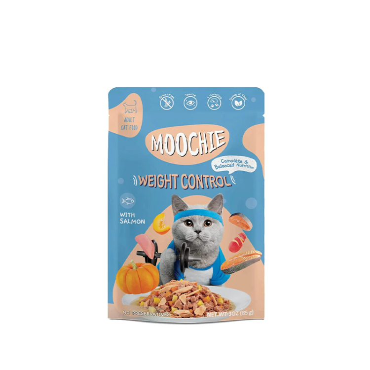موشي طعام رطب للقطط البالغة بنكهة السلمون للتحكم بالوزن في المرق 
