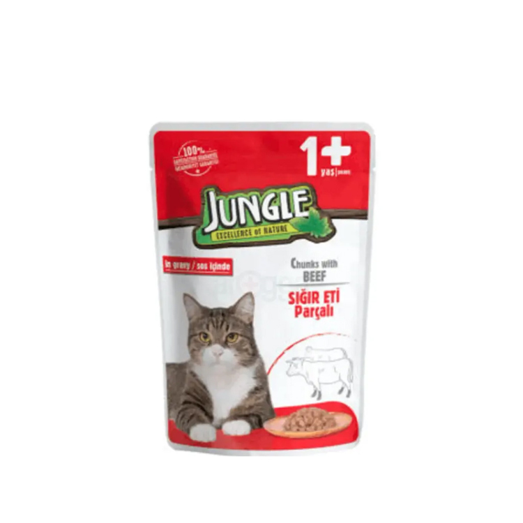 جنغل طعام رطب للقطط البالغة بقطع اللحم البقري في صلصة