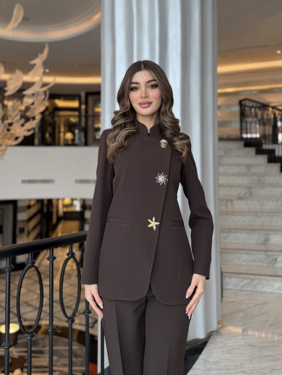 Chic Suit Set - Gold and silver Button  Detail/ Brown