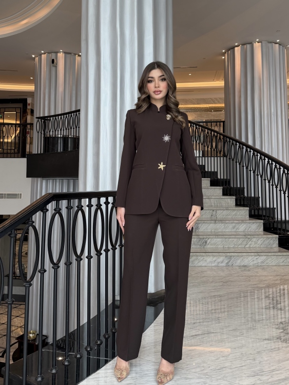 Chic Suit Set - Gold and silver Button  Detail/ Brown