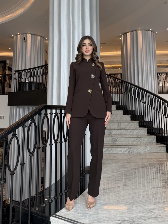 Chic Suit Set - Gold and silver Button  Detail/ Brown