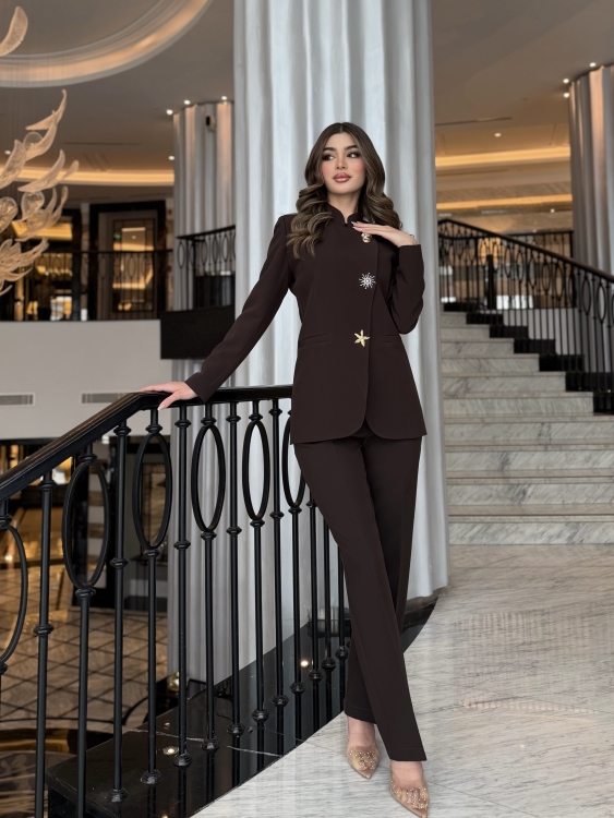 Chic Suit Set - Gold and silver Button  Detail/ Brown