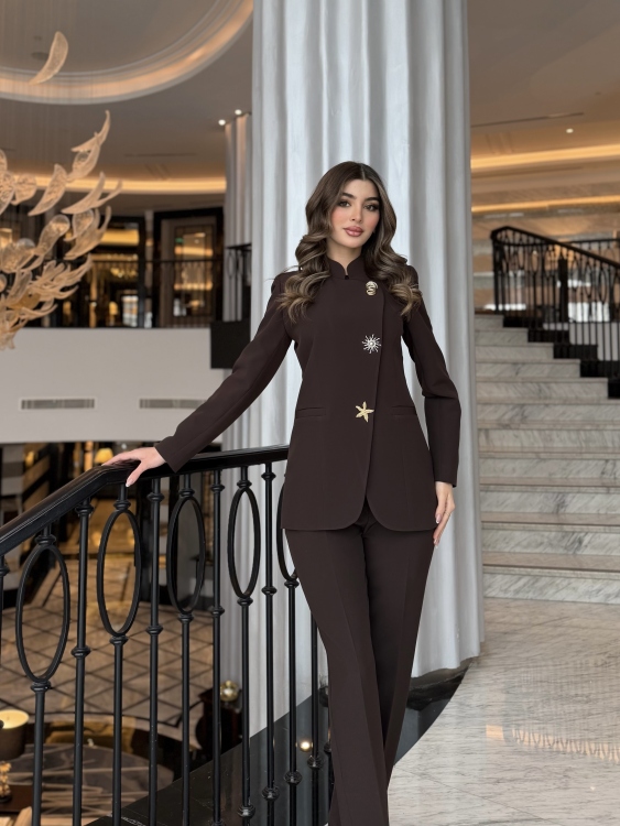 Chic Suit Set - Gold and silver Button  Detail/ Brown