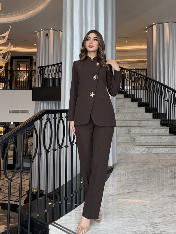 Chic Suit Set - Gold and silver Button  Detail/ Brown