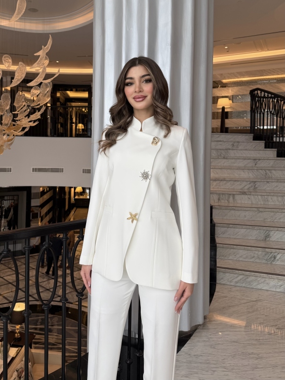 Chic Suit Set - Gold  and silver Button  Detail/ white