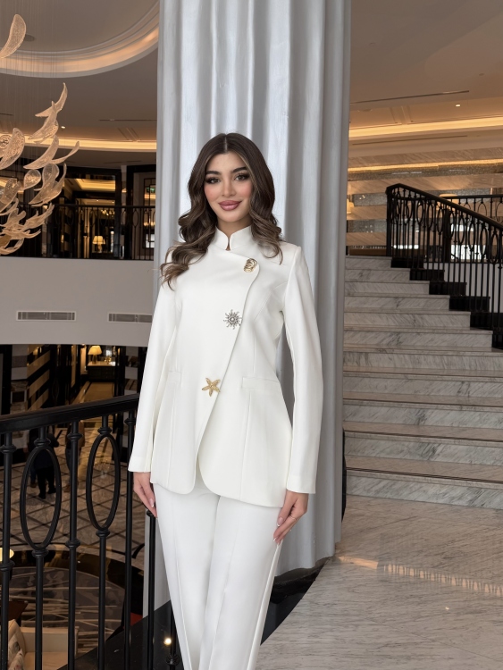 Chic Suit Set - Gold  and silver Button  Detail/ white
