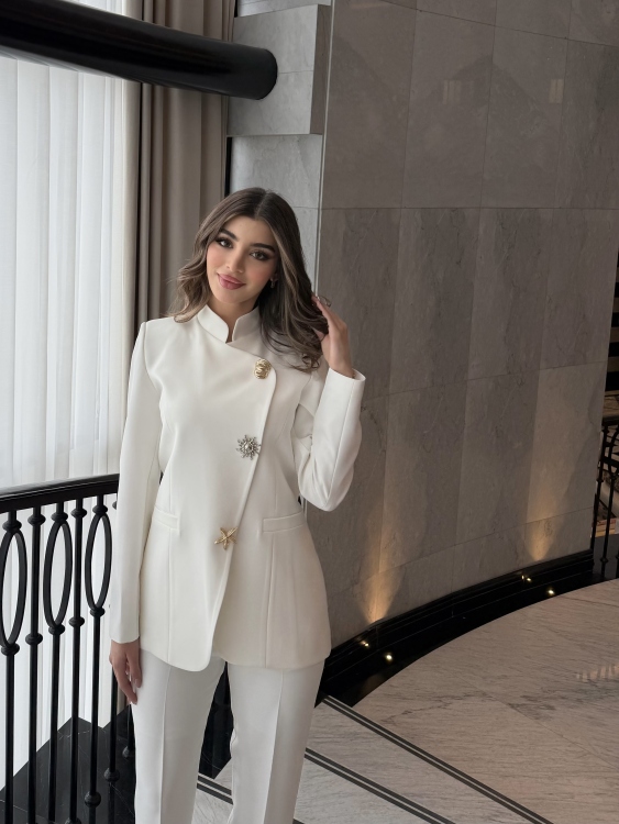 Chic Suit Set - Gold  and silver Button  Detail/ white
