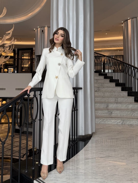 Chic Suit Set - Gold  and silver Button  Detail/ white