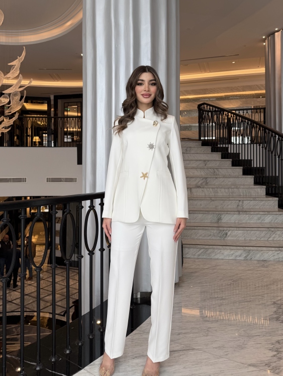 Chic Suit Set - Gold  and silver Button  Detail/ white