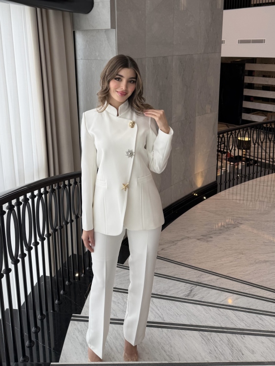 Chic Suit Set - Gold  and silver Button  Detail/ white
