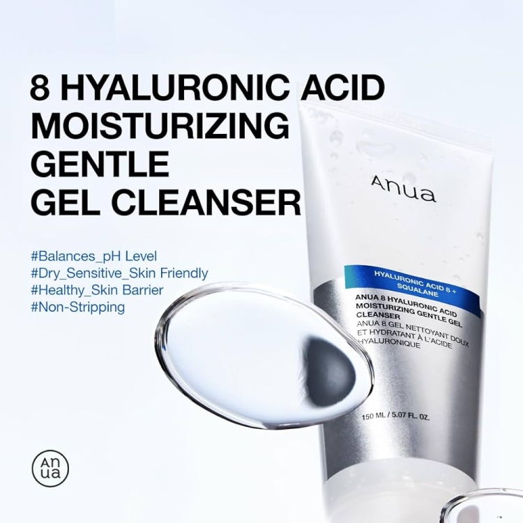 ANUA Moisturizing Gentle Gel Cleanser, Hyaluronic Acid, Squalane, Ceramide, Foaming Facial Korean Cleanser, pH Balance