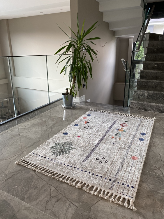 This vibrant digital printed rug features a bold pattern with pops of color, finished off with colorful fringes or braided fringes
