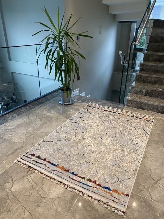 This vibrant digital printed rug features a bold pattern with pops of color, finished off with colorful fringes or braided fringes