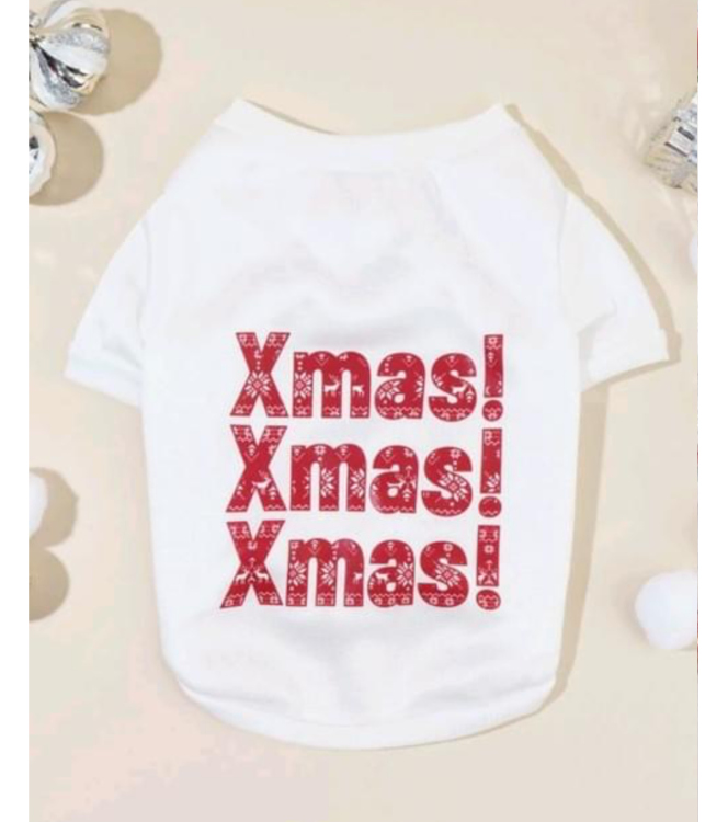 بلوزة عيد الميلاد (الكريسماس) الأبيض للحيوانات الأليفة – طباعة "Xmas" متكررة،مقاس 4اكس لارج.