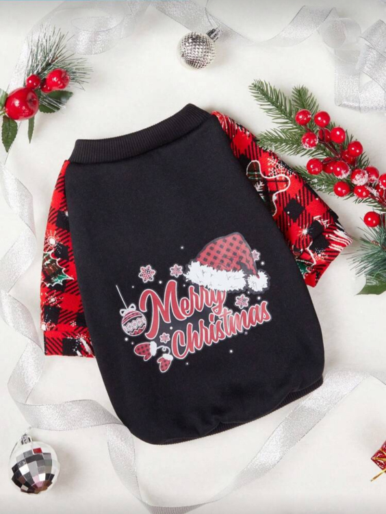 بلوزة للحيوانات الأليفة "Merry Christmas" بأكمام كاروهات،مقاس اكس اكس لارج 
