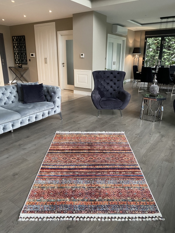 This vibrant digital printed rug features a bold pattern with pops of color, finished off with colorful fringes or braided fringes