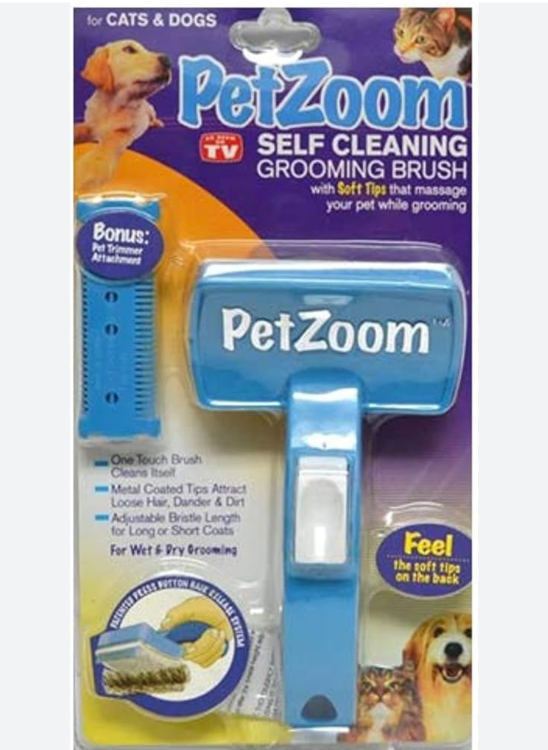 فرشاة PetZoom للعناية بالحيوانات الأليفة ذاتية التنظيف مع ملحق أداة التشذيب.