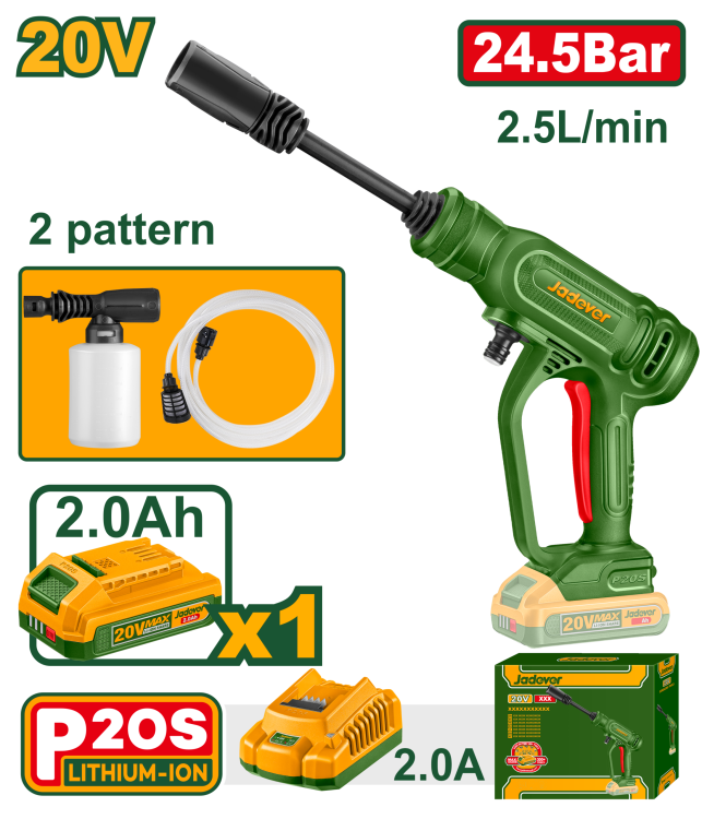ماكنة غسيل شحن 20V – طقم تنظيف محمول عالي الضغط من جادايفر (JDQX01202)