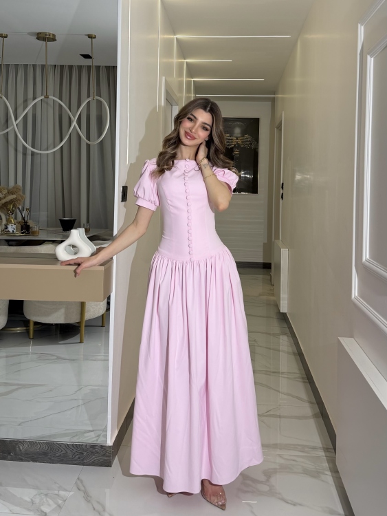     Summer Puff Sleeve Button Dress ( powder pink )