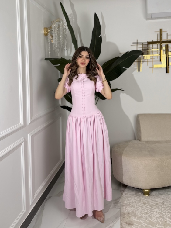     Summer Puff Sleeve Button Dress ( powder pink )