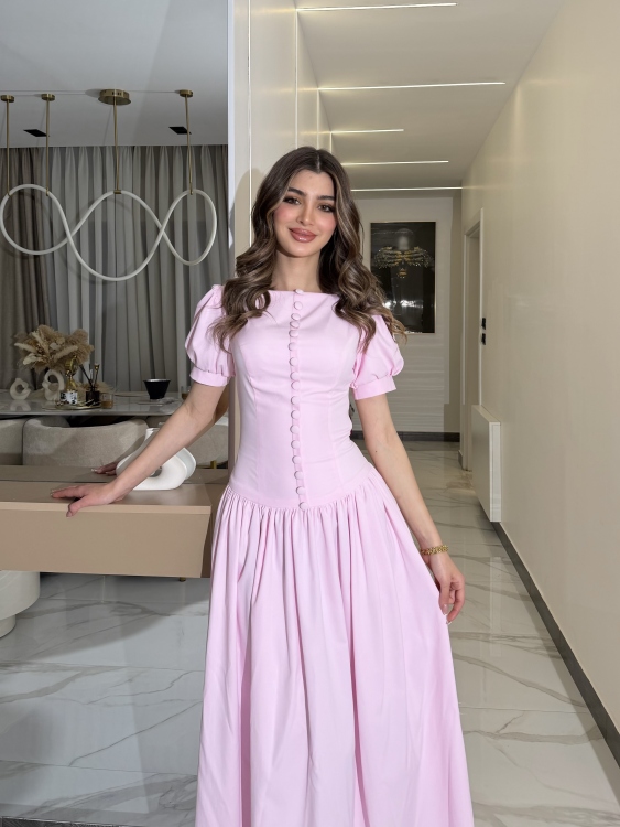     Summer Puff Sleeve Button Dress ( powder pink )