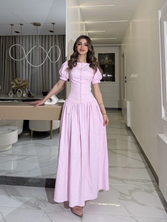     Summer Puff Sleeve Button Dress ( powder pink )