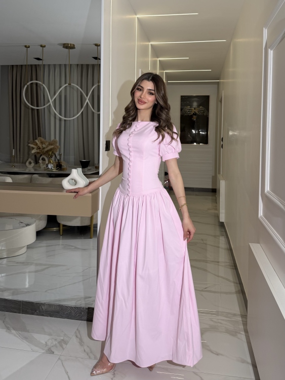     Summer Puff Sleeve Button Dress ( powder pink )