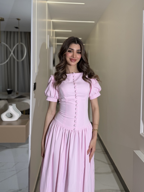     Summer Puff Sleeve Button Dress ( powder pink )