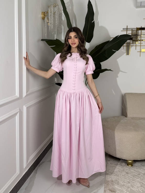     Summer Puff Sleeve Button Dress ( powder pink )