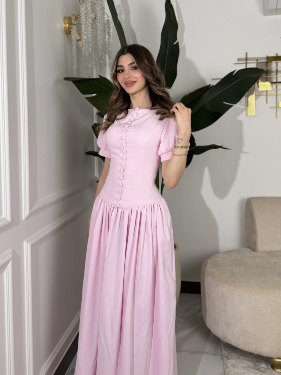     Summer Puff Sleeve Button Dress ( powder pink )