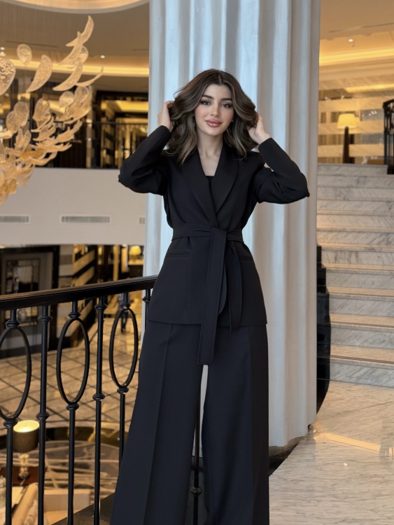 Wide-Leg Pants Set with Tie Belt  / BLACK