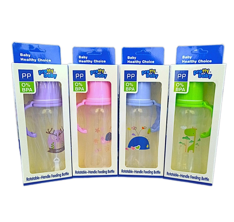 رضاعات بريتي بيبي 250 مل مع يد ومصفاة ملون 