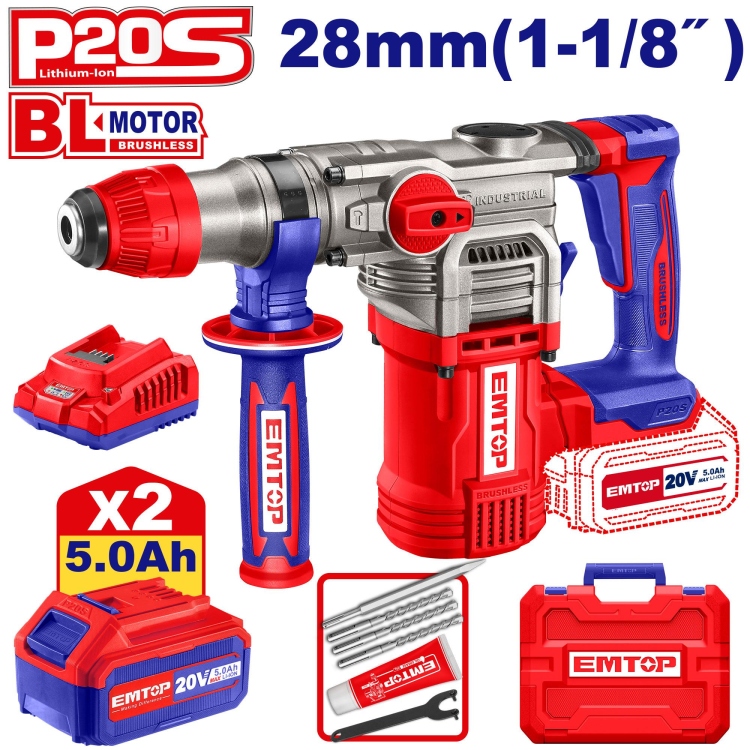 همر شحن 28MM  20V مع 2 بطاريه 5A   SDS_PLUS  مع 4 ريش  4 حركات (4.5J)     ELRH202885      Brushless Motor